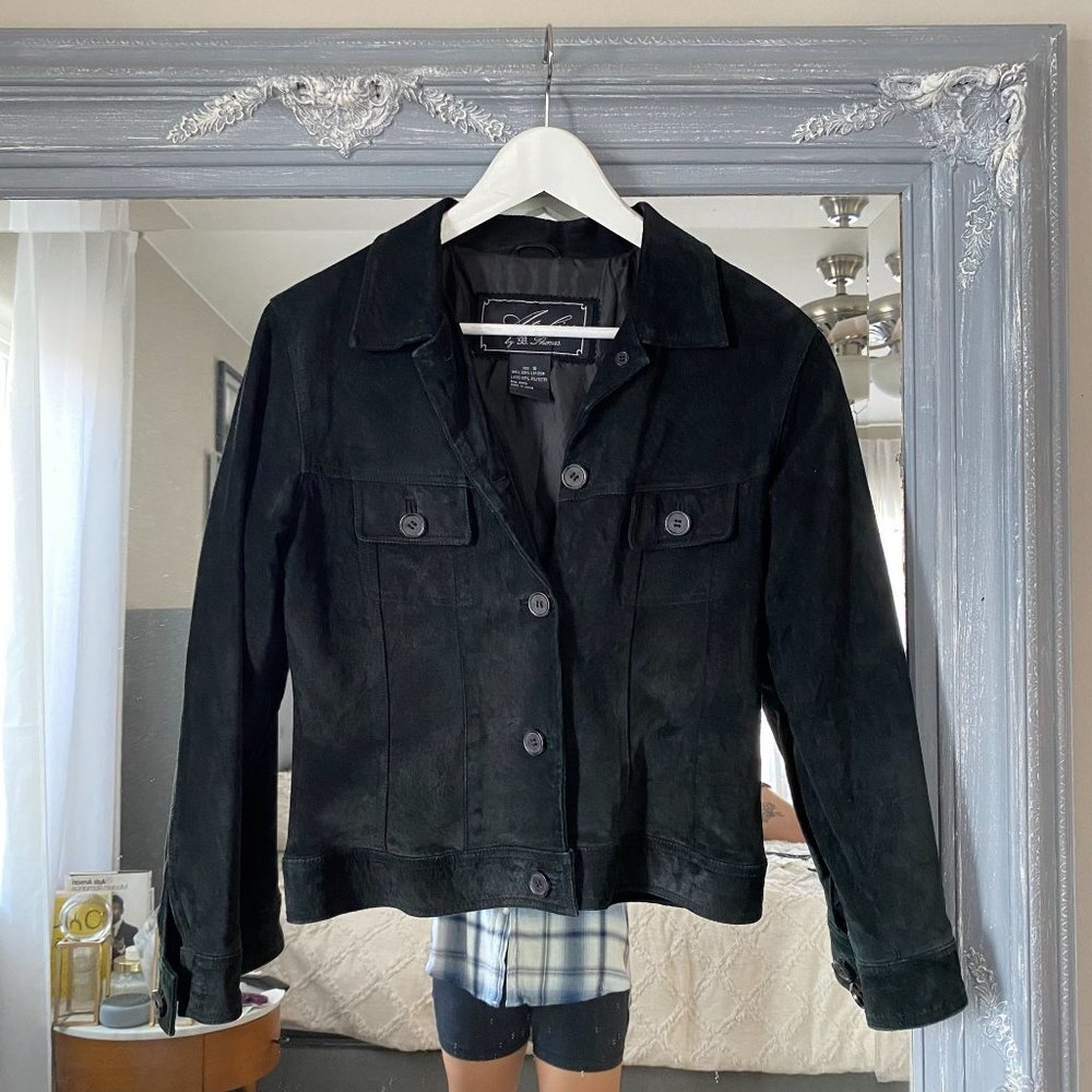 Vintage 90s Atelier by B. Thomas Leather Jacket Button Closure Black Suede S
